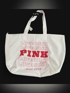 PINK Victoria's Secret White Tote with Red Logo Stack